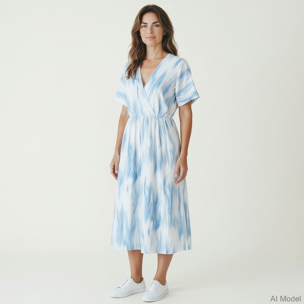 Final Touch Midi Dress Women Size M Blue White Tie Dye Wrap V-Neck Casual Summer